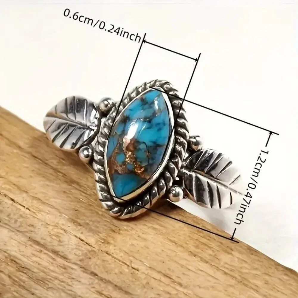Vintage-Inspired Alloy Leaf Ring with Marquise Blue Synthetic Gemstone Size 7